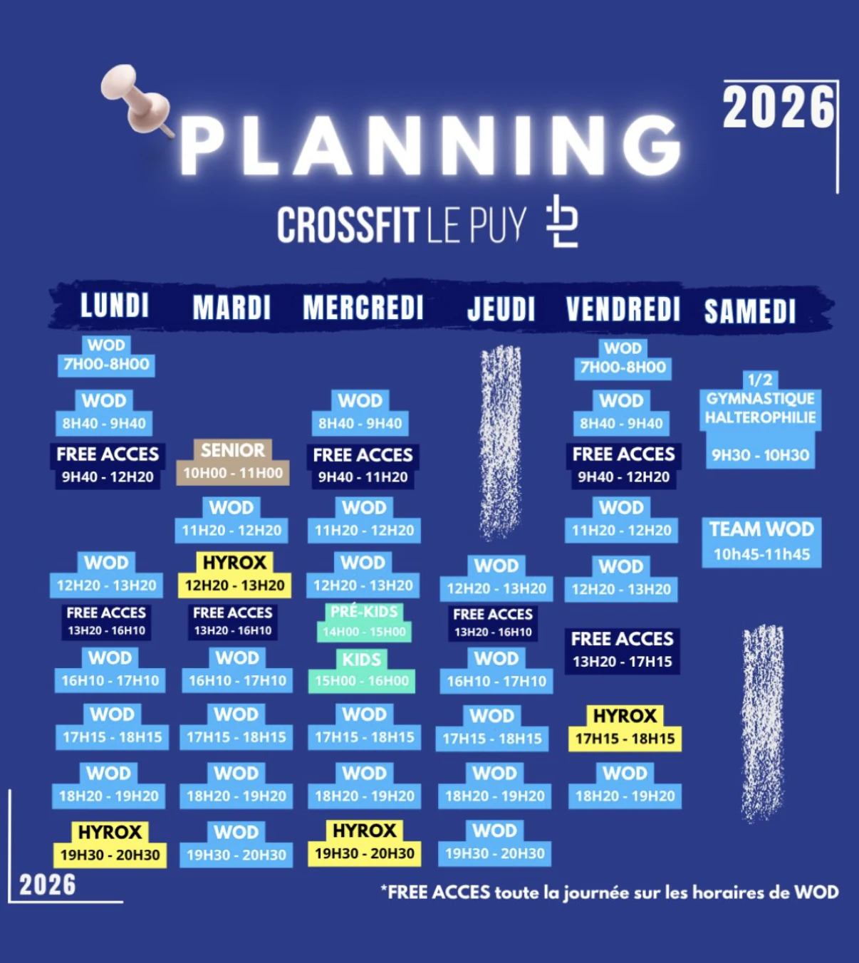 Planning 2026 de CrossFit Le Puy : les créneaux WOD, HYROX, free accès, kids et seniors du lundi au samedi